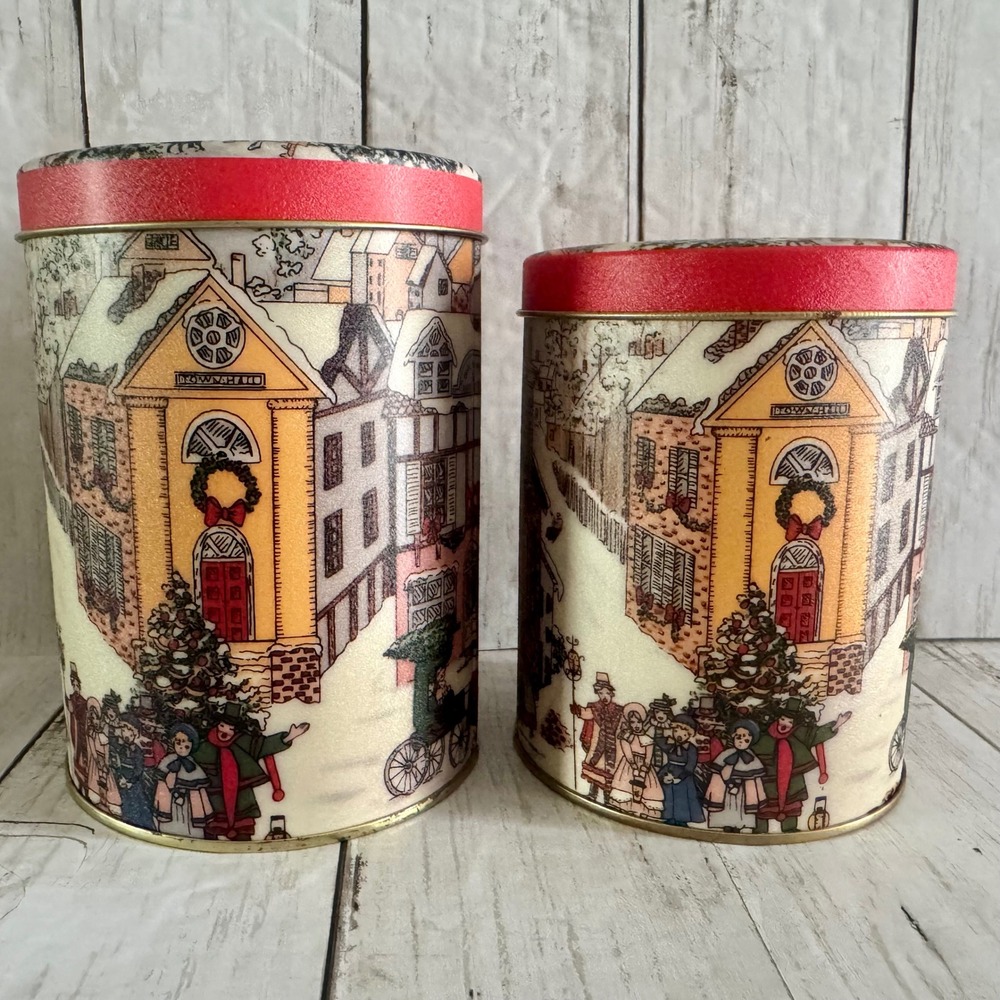 Vintage Christmas Village Nesting Tins Set of 2 Victorian Winter Scene Red Trim